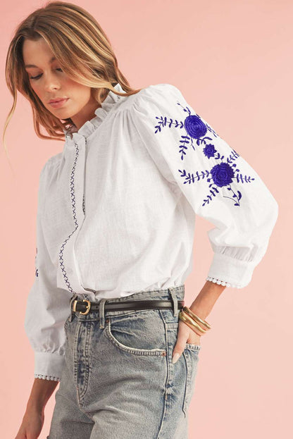 White Floral Embroidered Blouse - Catherine Martin