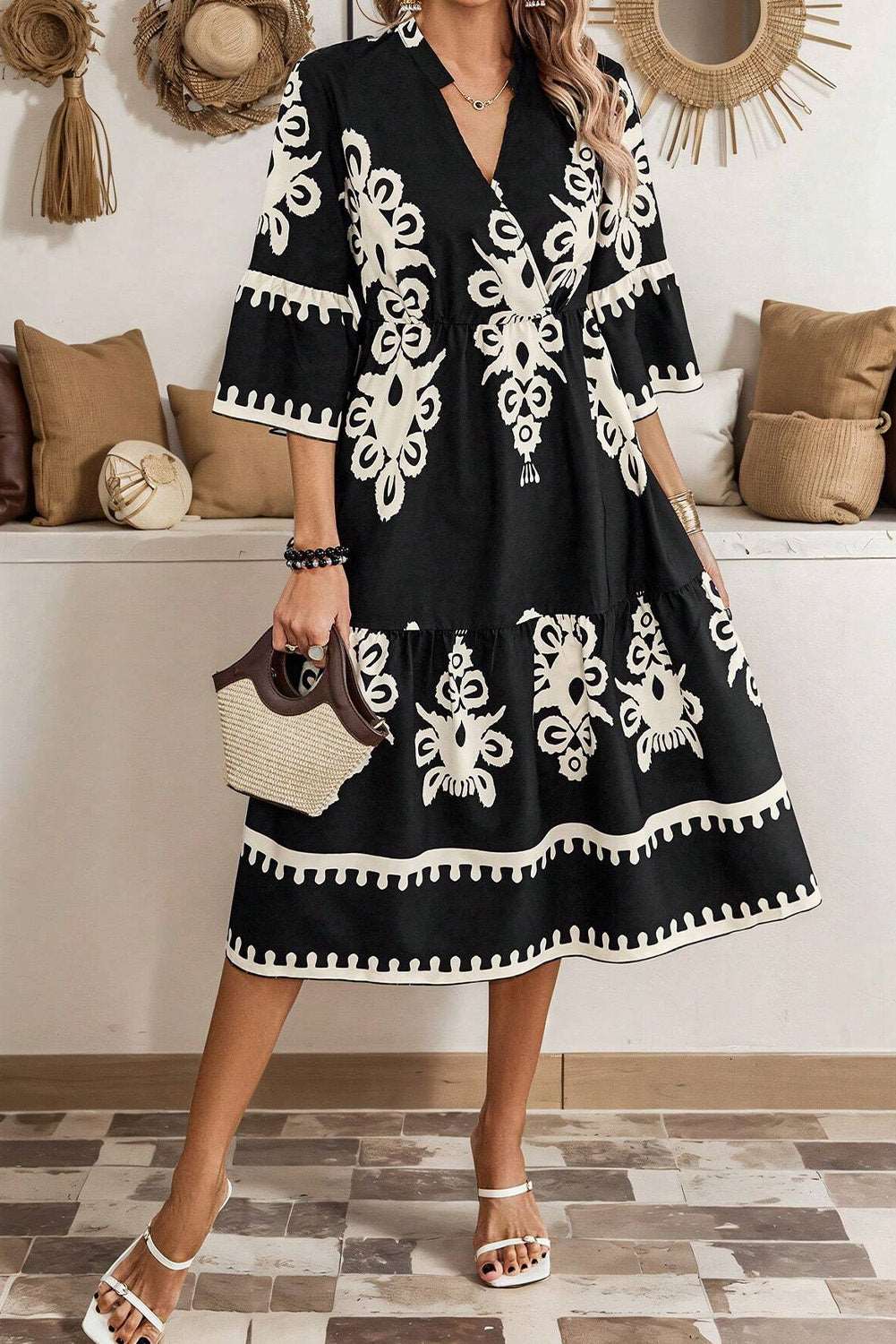 Ethnic Print Dress Black White - Catherine Martin