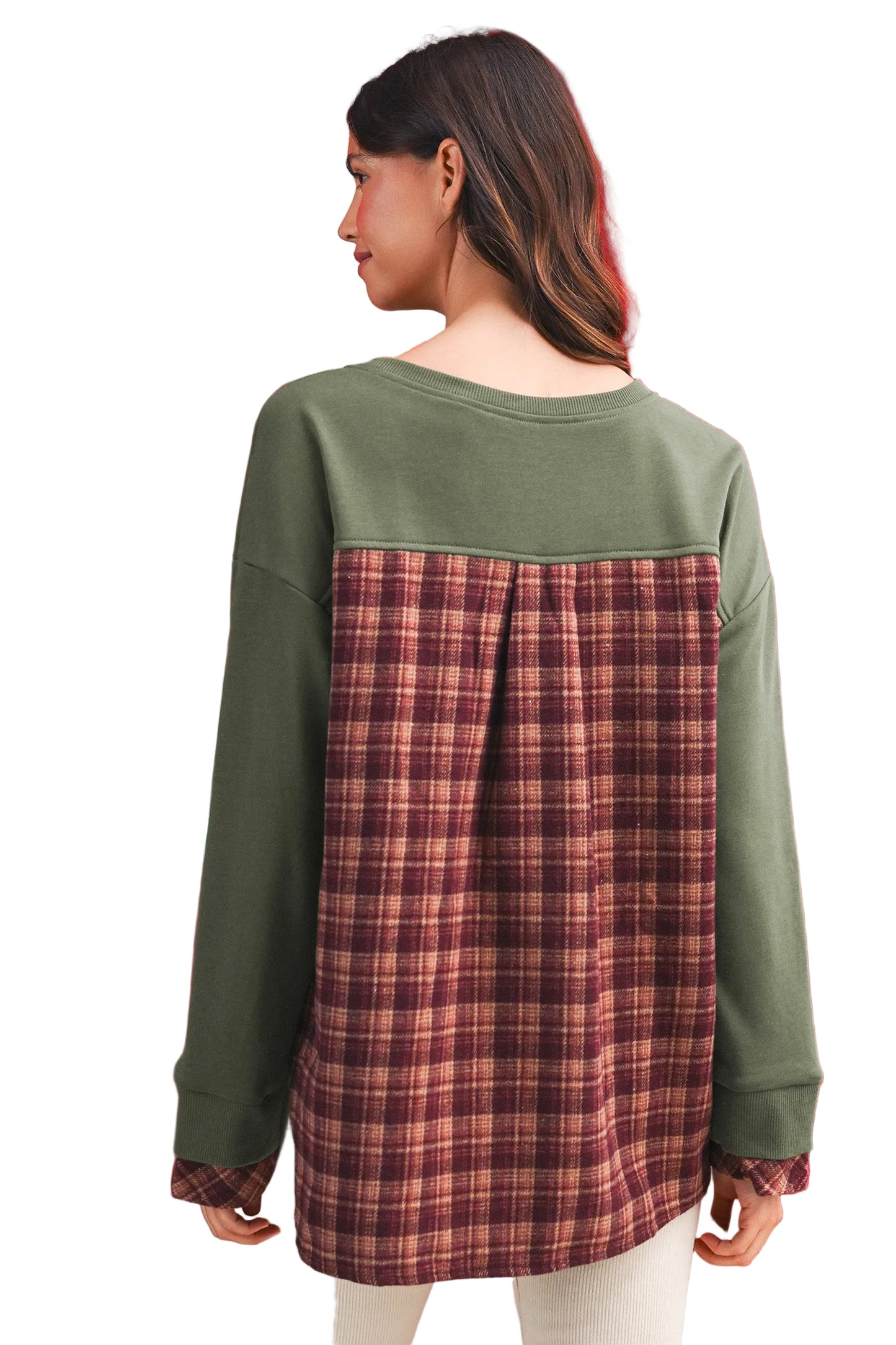 Rear view of the sweatshirt on a model highlighting the full pleated burgundy plaid fabric back panel.