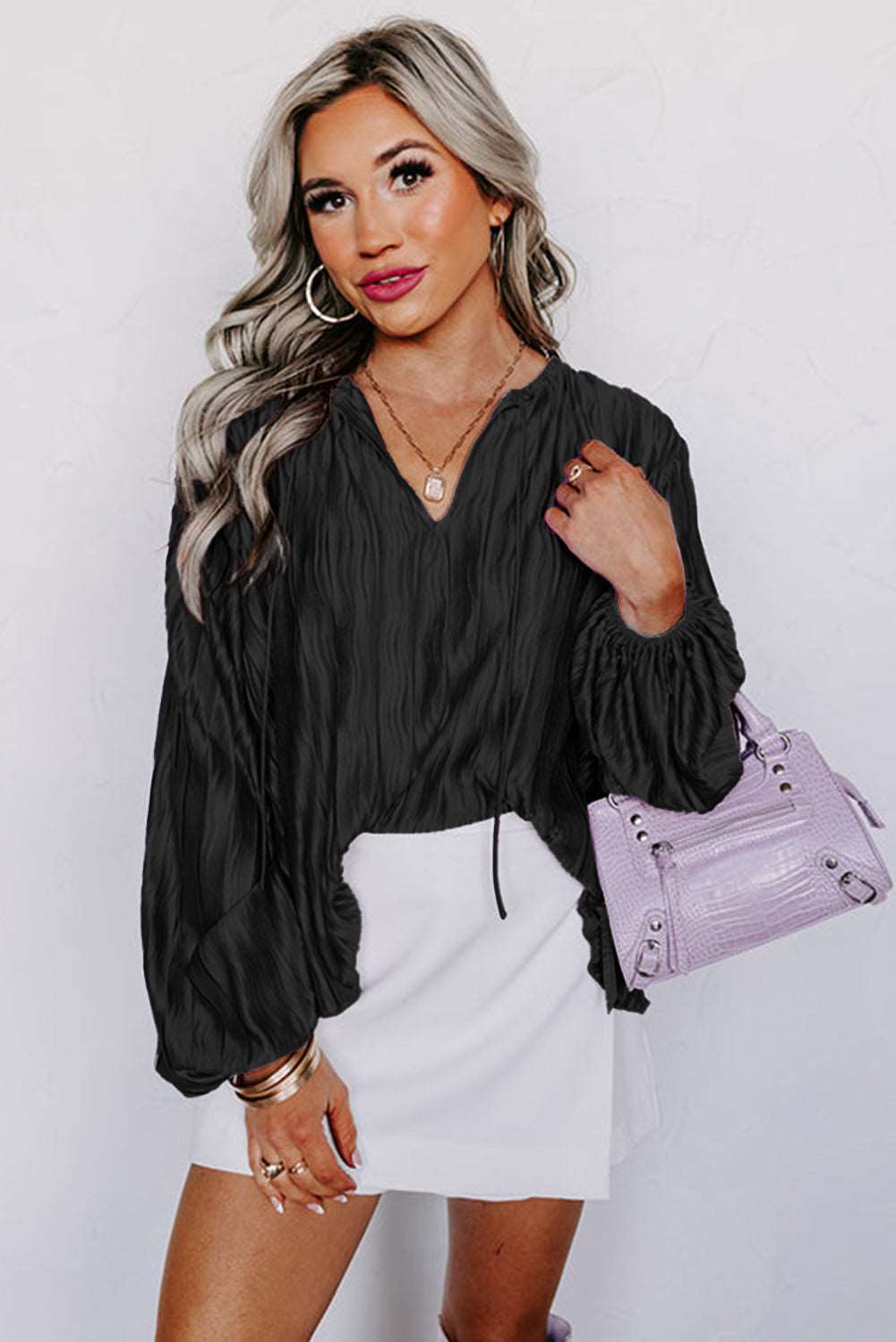 Black V Neck Blouse Bubble Sleeve - Catherine Martin