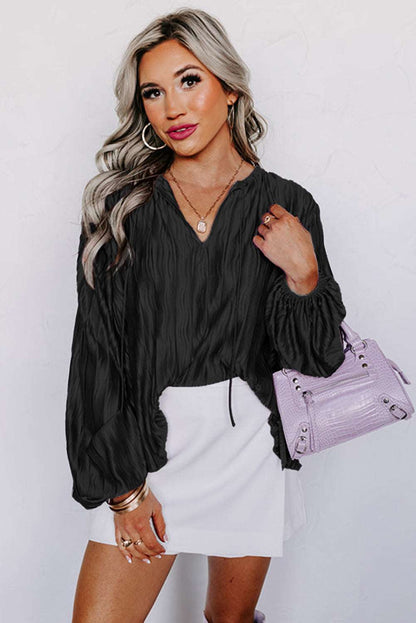 Black V Neck Blouse Bubble Sleeve - Catherine Martin