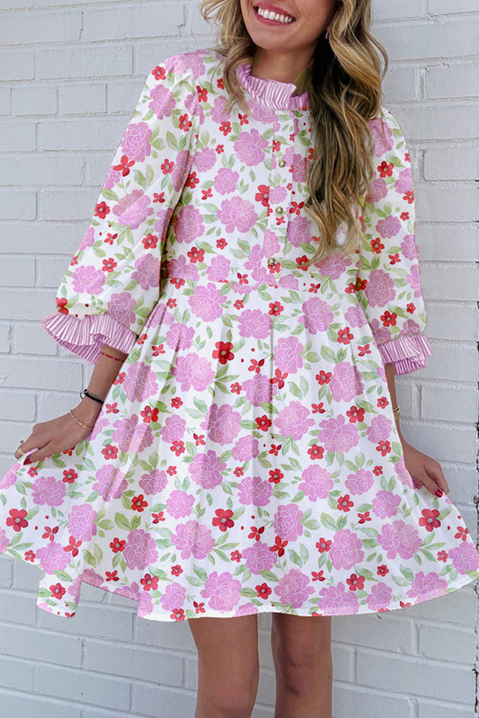 Floral Print Ruffle Neck Mini Dress