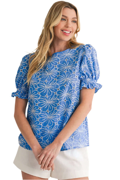 Ladies sky blue blouse featuring puff sleeves and romantic boho-inspired design.