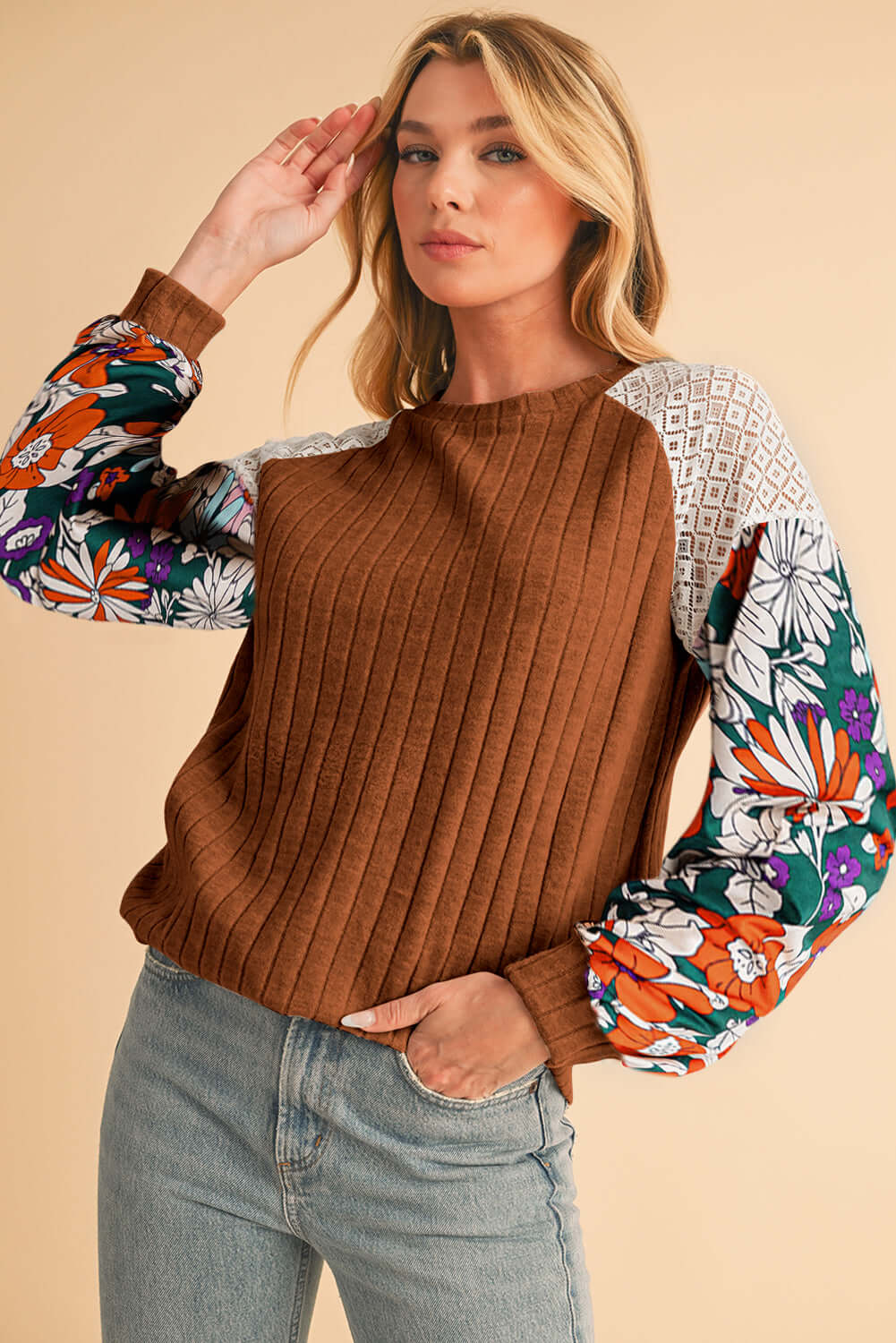 Floral Sleeve Waffle Knit Pullover - Catherine Martin