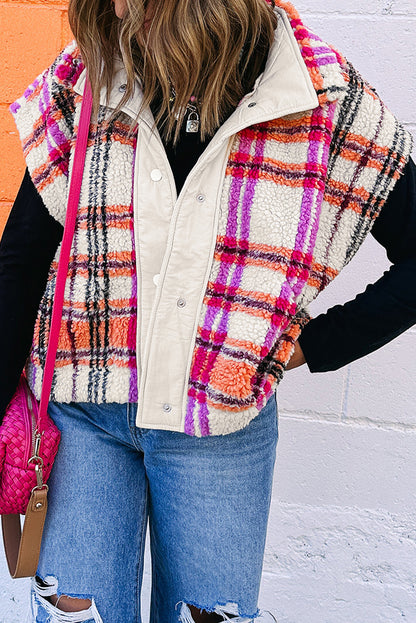 Person wearing a colorful plaid vest over a white shirt, blue jeans, and sneakers, with a pink bag.
