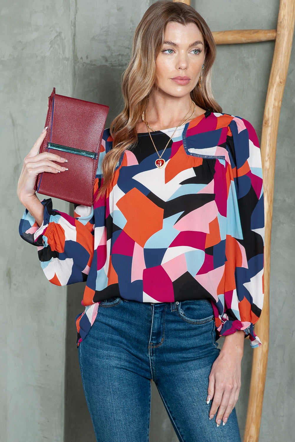 Rose Multicolor Abstract Blouse Puff Sleeve - Catherine Martin