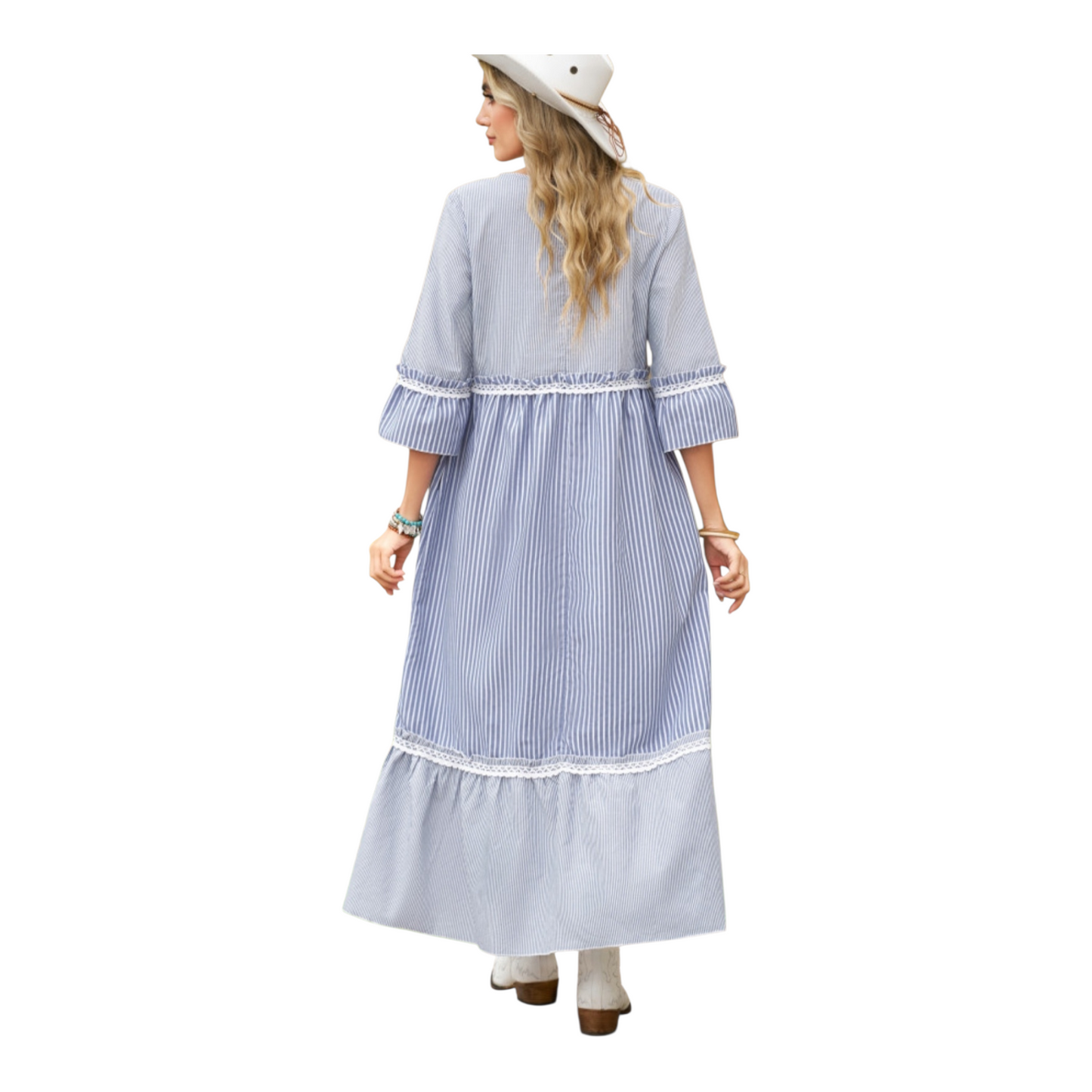Woman wearing a blue and white striped dress on a white background