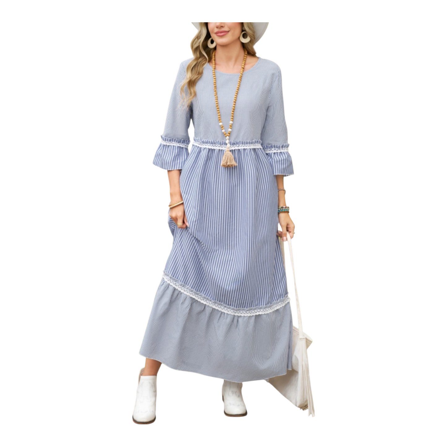 Woman wearing a blue and white striped dress on a white background