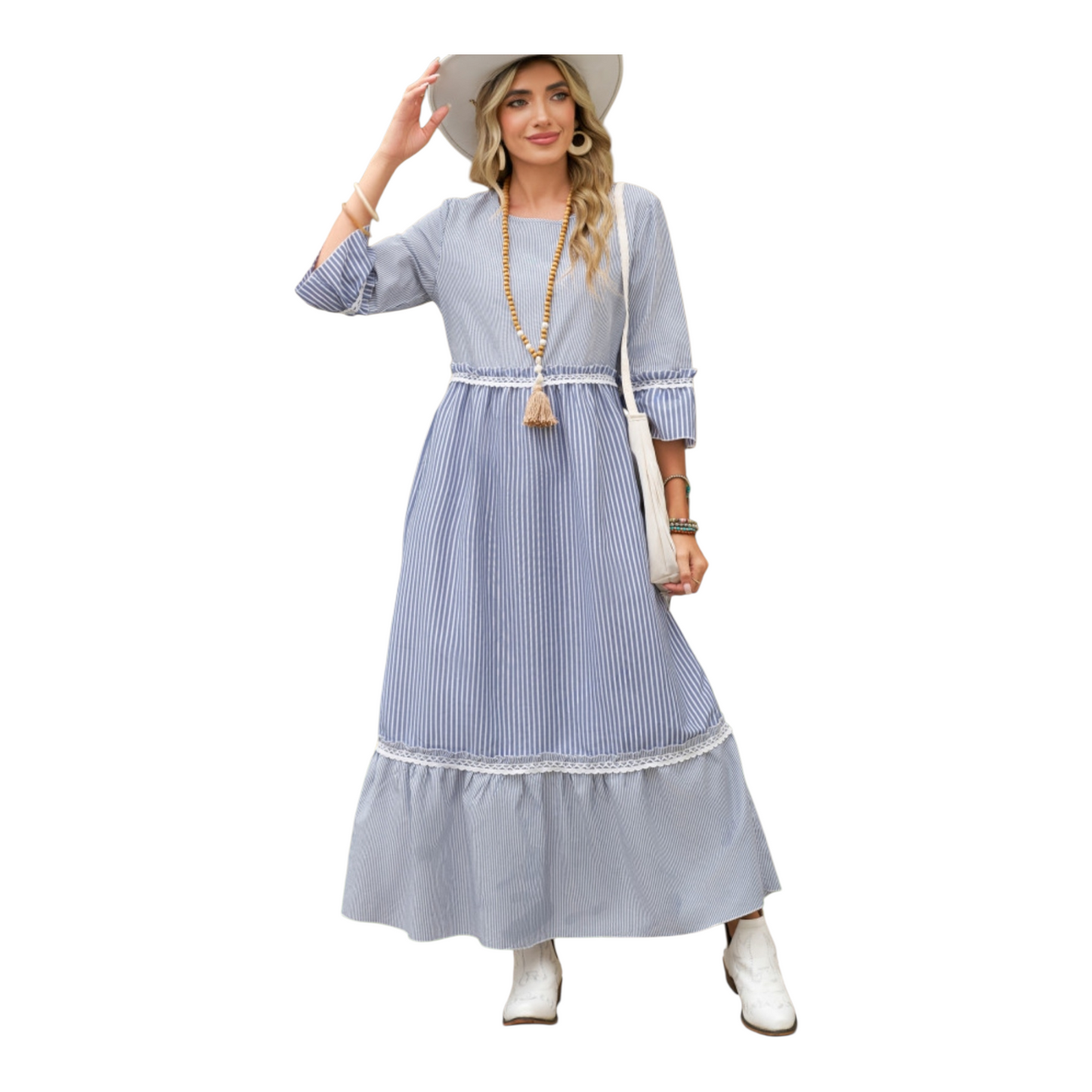 Woman wearing a blue and white striped dress with a white hat on a white background