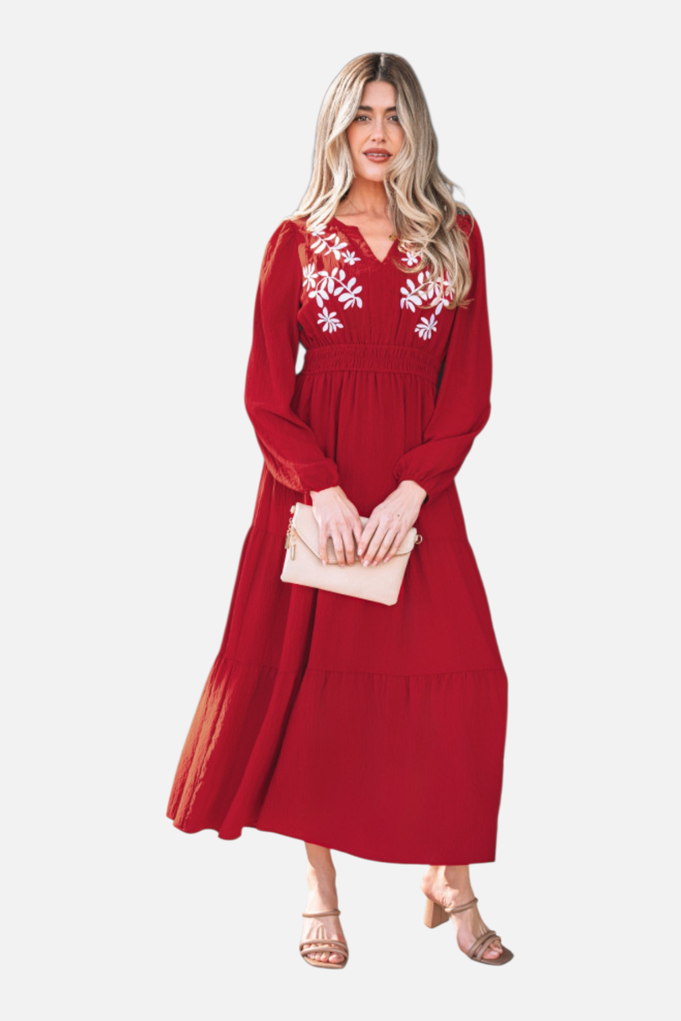 A sophisticated lifestyle pose of the burgundy floral maxi dress, showing the elegant balloon sleeves and its suitability as a winter wedding guest outfit.