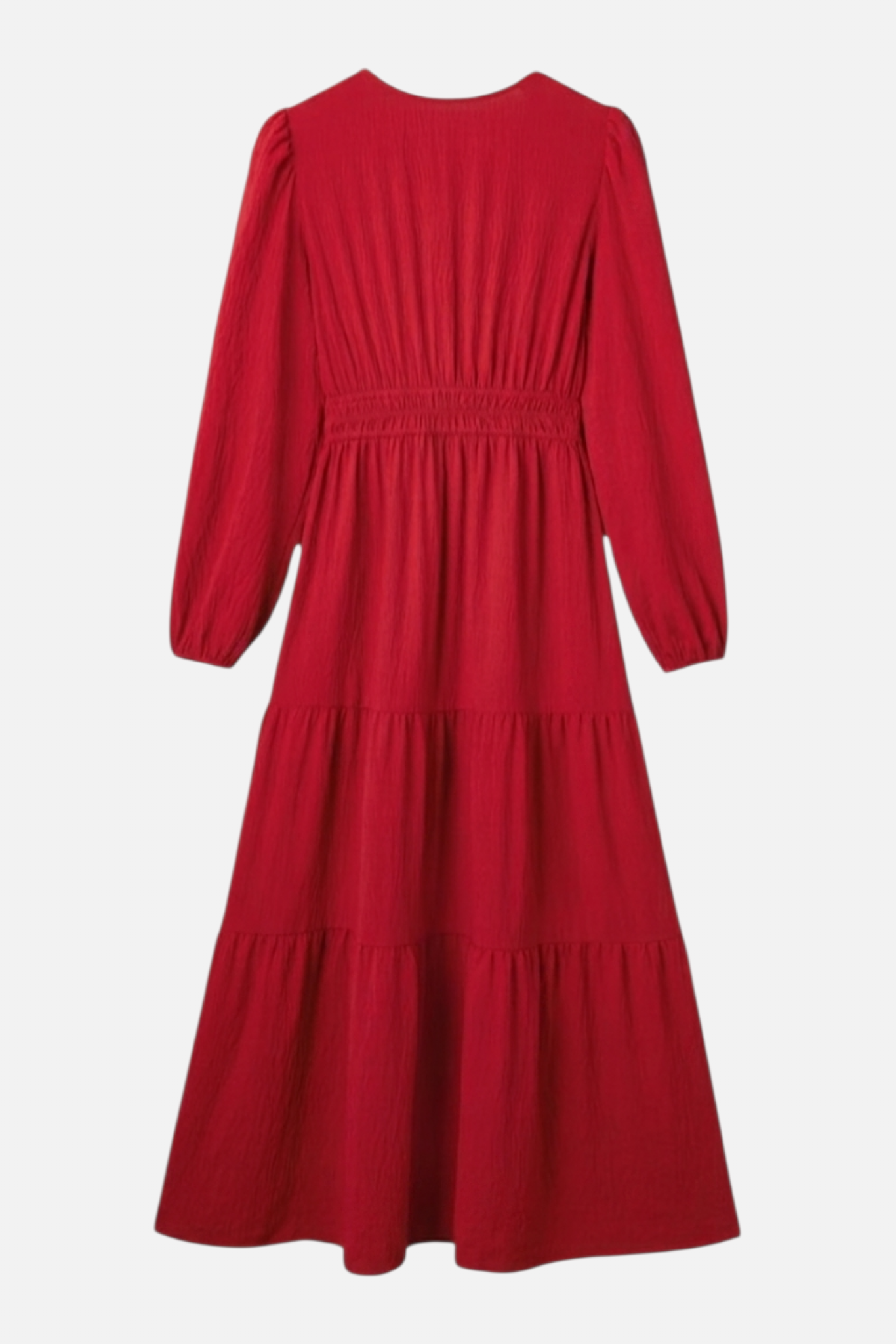 The rear flat-lay view of the burgundy embroidered maxi dress showcasing the elasticated smocked waist panel and the crinkle-textured fabric of the tiered skirt.
