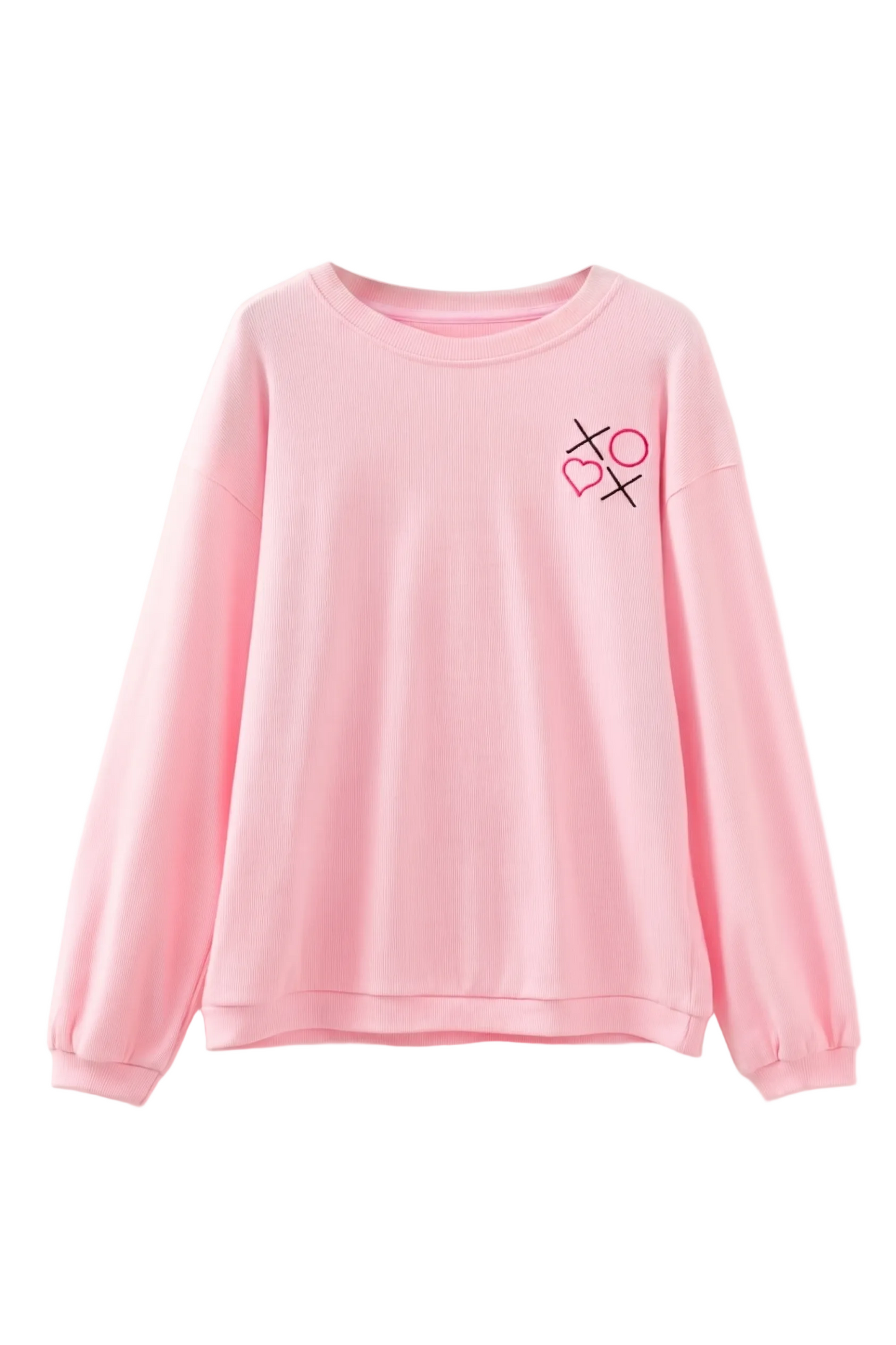 Pink sweatshirt with heart and cross design on a white background