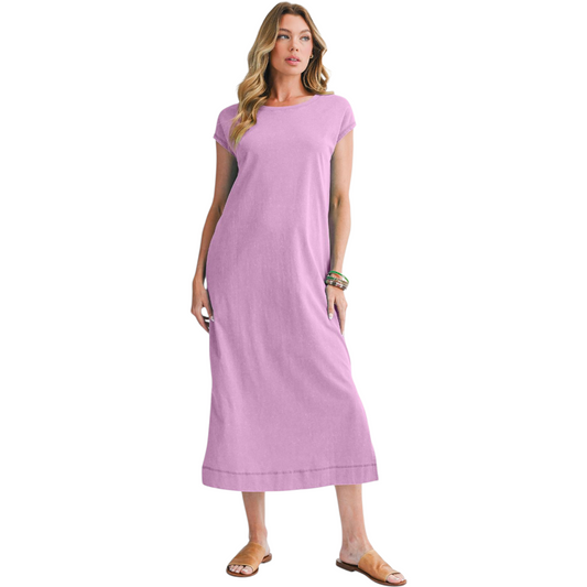 Woman wearing a purple dress on a white background