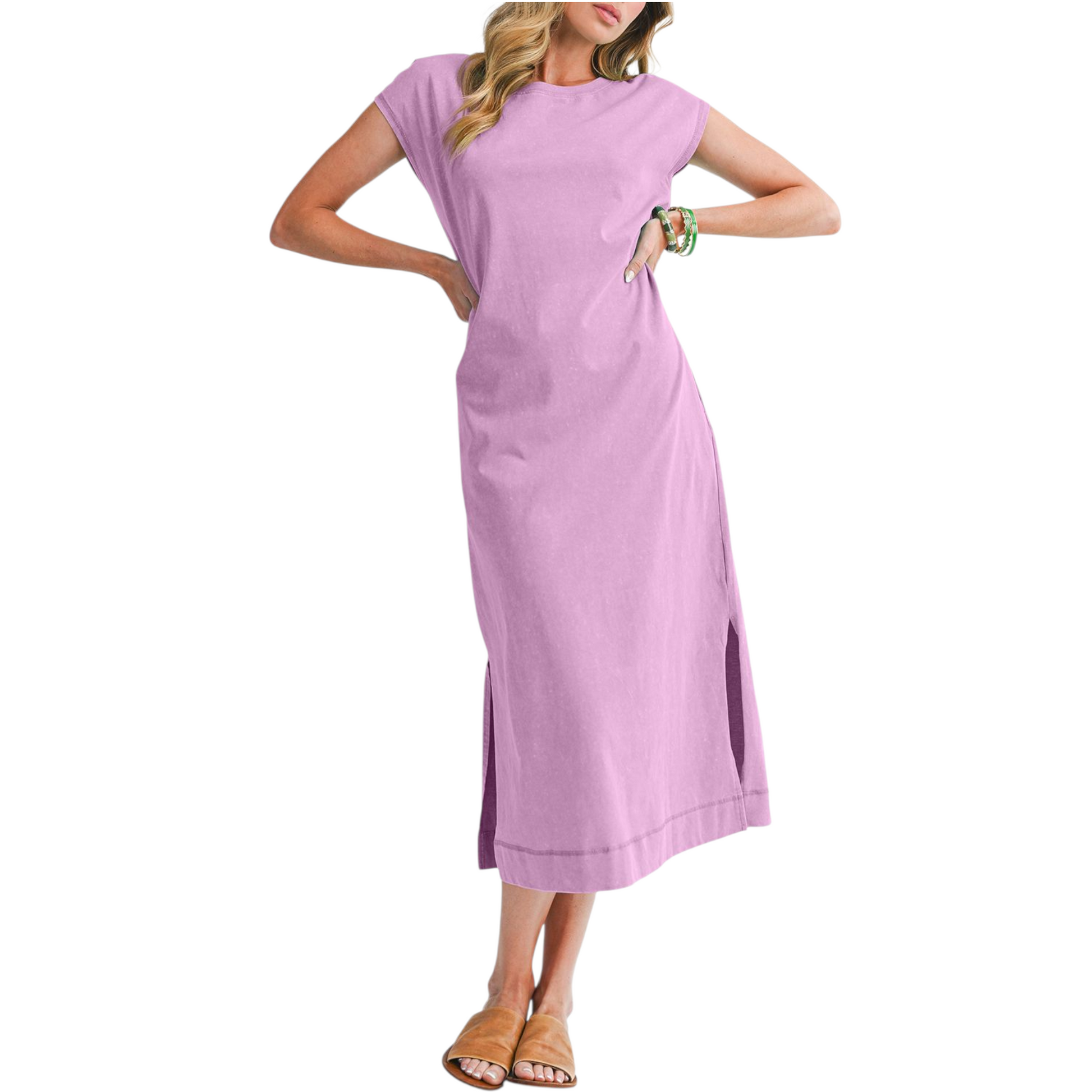 Woman wearing a purple dress on a white background