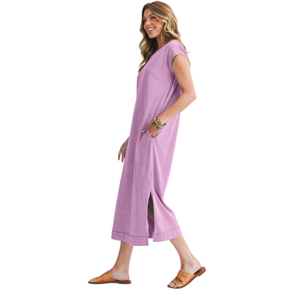 Woman wearing a purple dress on a white background