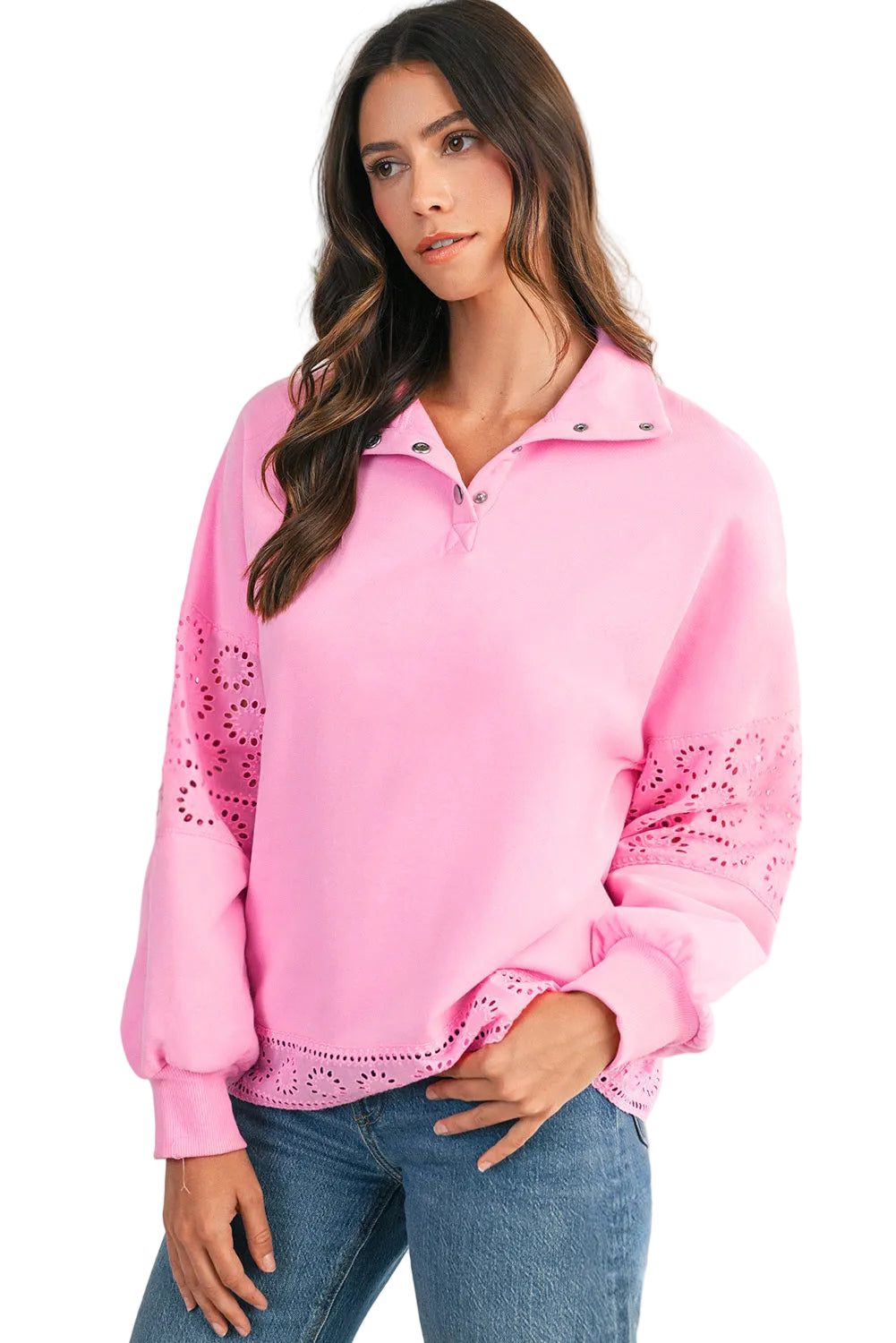 Eyelet Embroidery Snap Button Collar Sweatshirt
