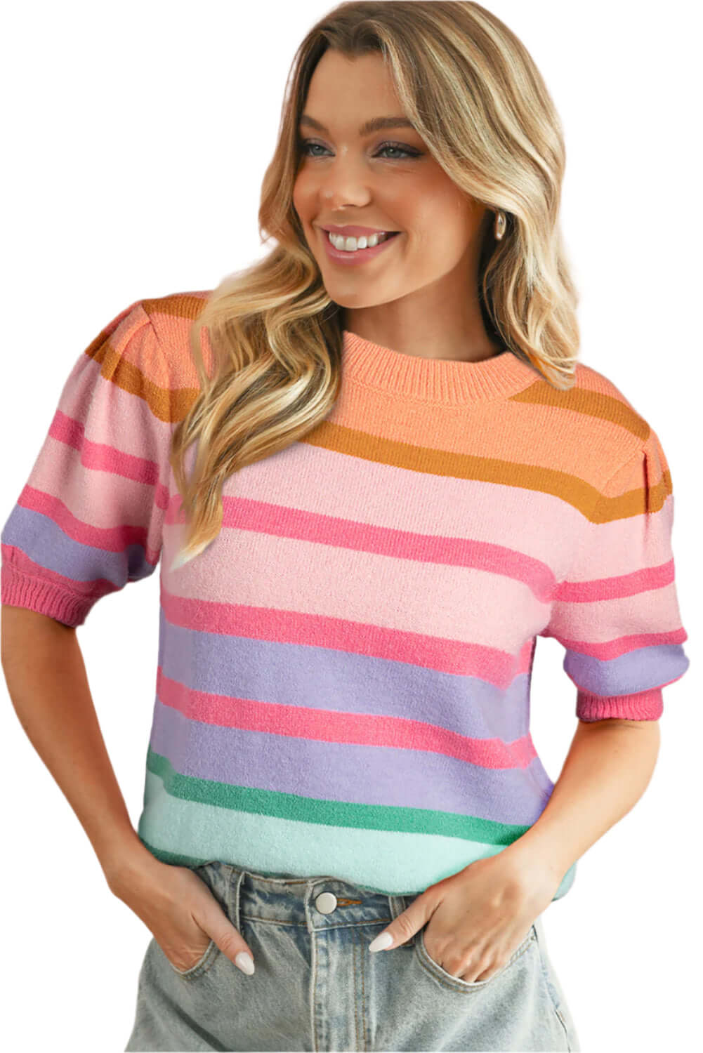 Rainbow Striped Knit Top. Front view.