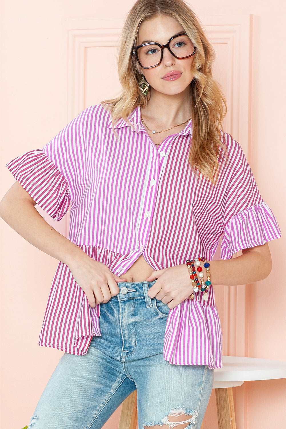 Pink Striped Patchwork Blouse