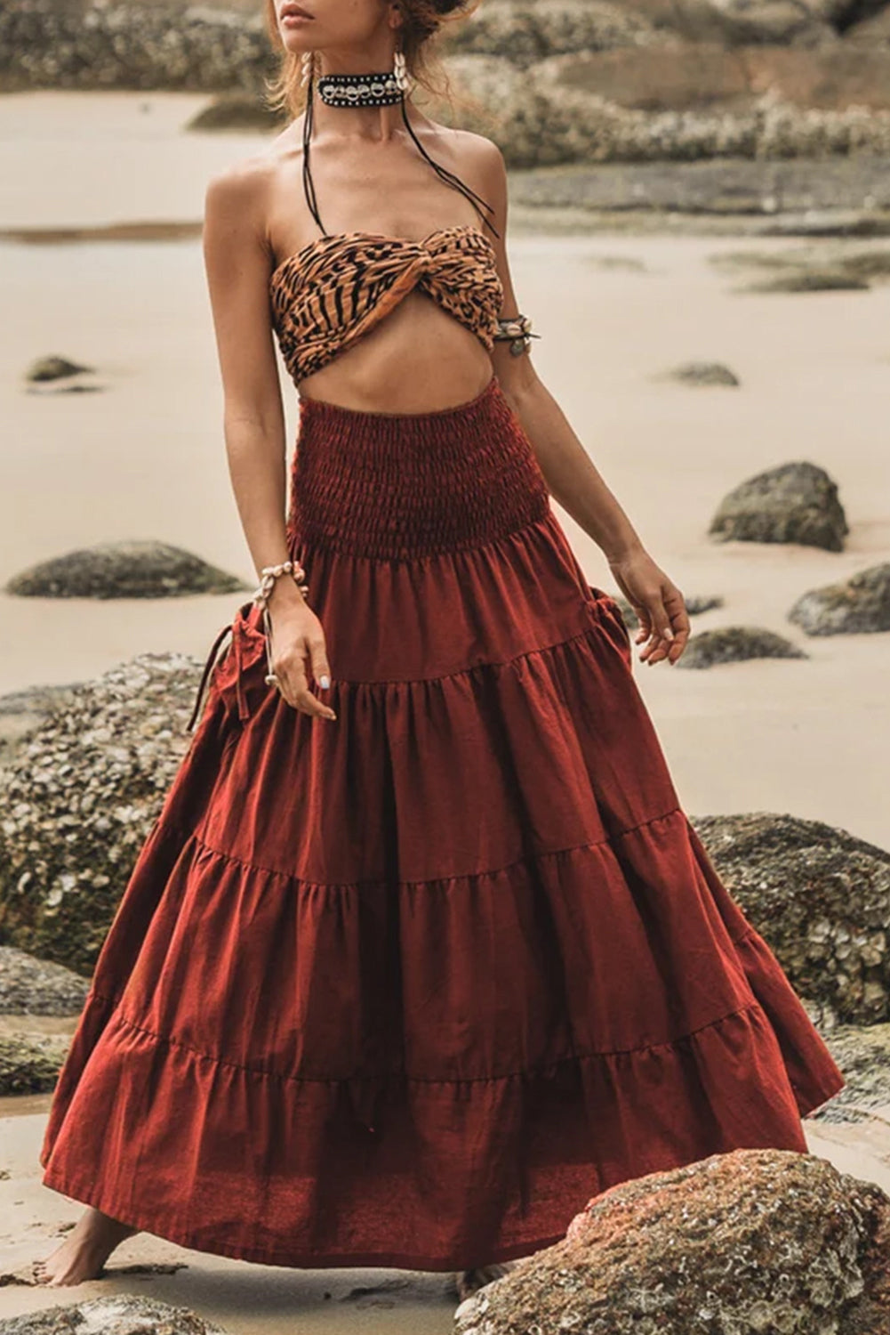 Dark Red Tiered Maxi Skirt - Catherine Martin