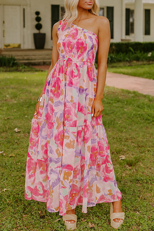 Rosy Sunset One-Shoulder Dress. Focus front view. Outdoor setting.