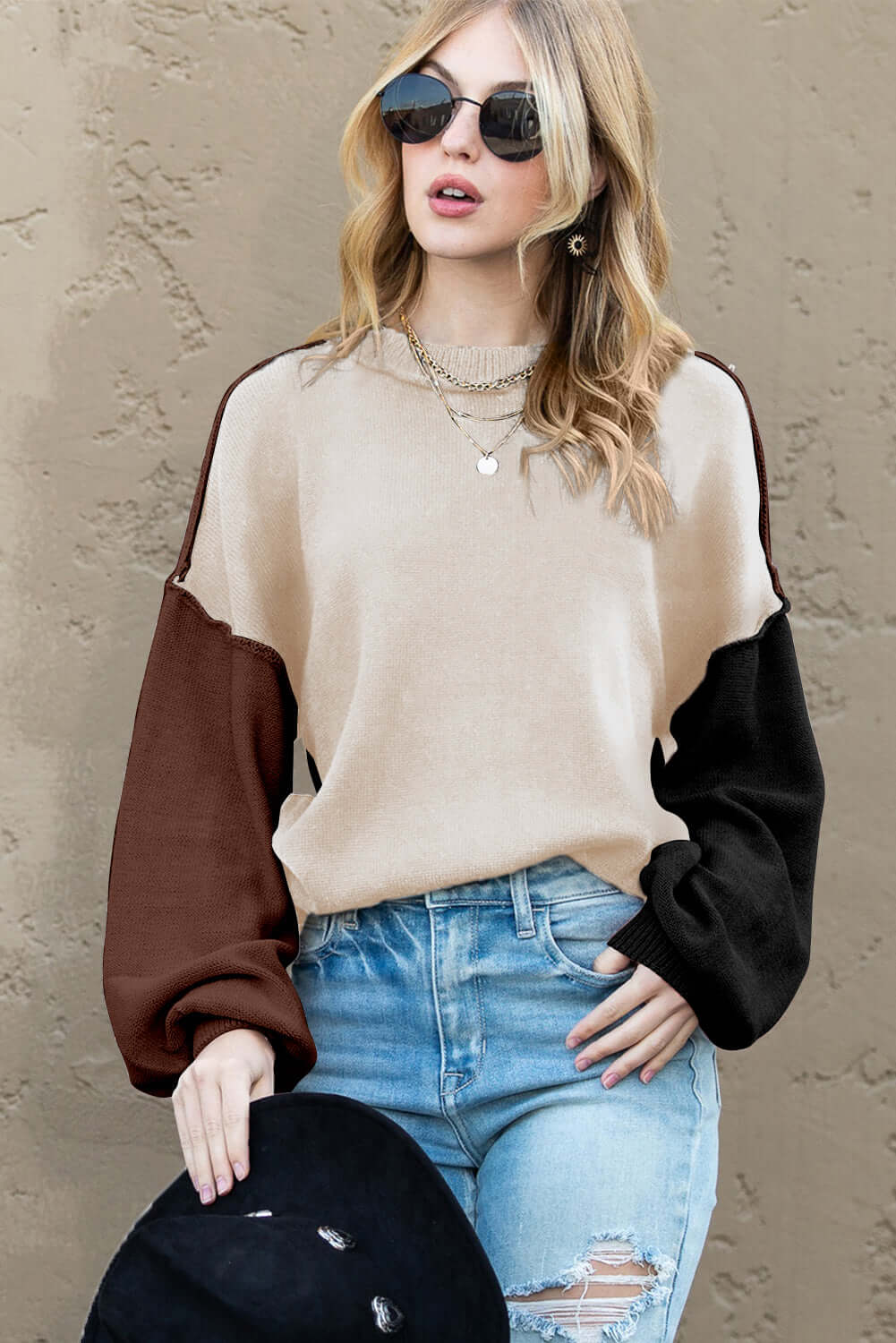 Trendy Women's Knit Jumper – Brown & Beige Colour Block - Catherine Martin