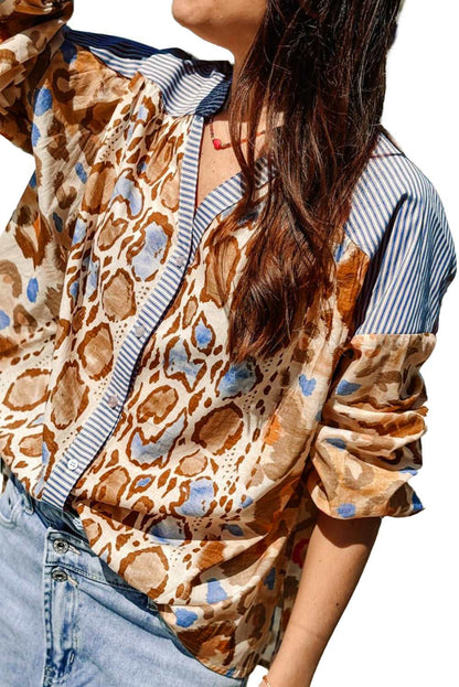 Beige Patchwork Shirt V-Neck