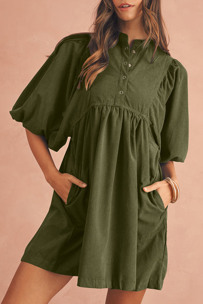 Olive Green Babydoll Dress with Short Sleeves from Catherine Martin store, Australia.