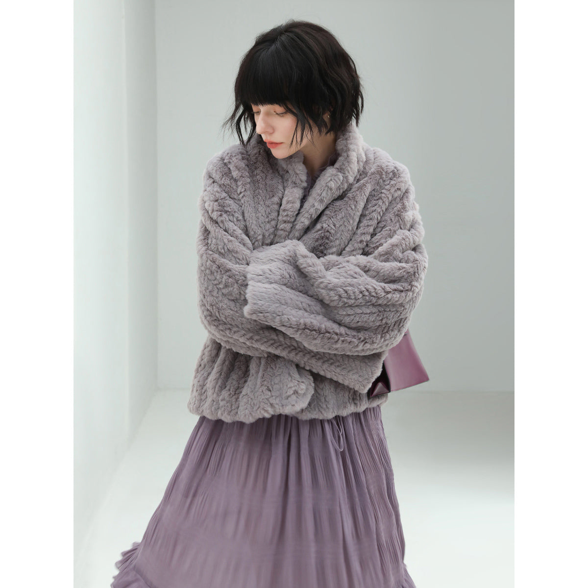Faux Shearling Knitted Lavender Bomber Jacket-0