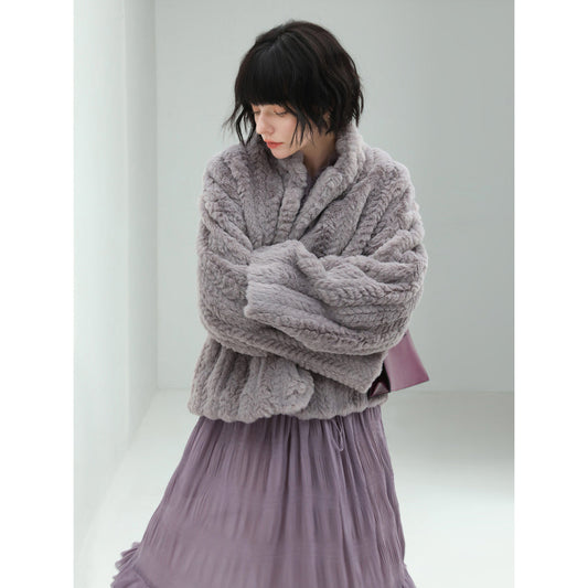 Faux Shearling Knitted Lavender Bomber Jacket-0