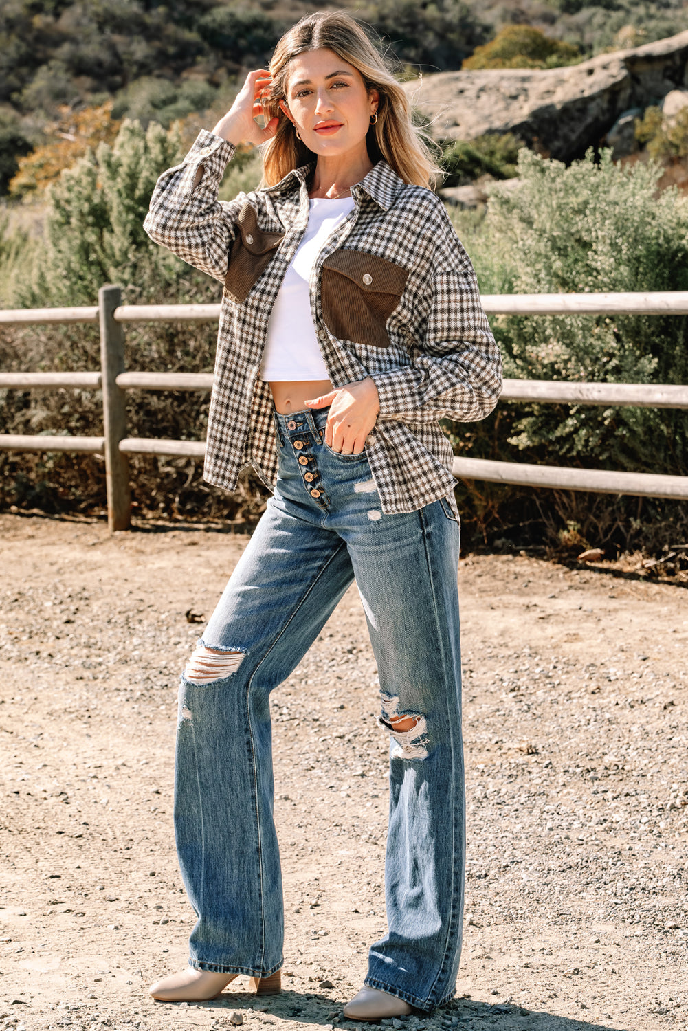 Contrast Corduroy Check Shacket