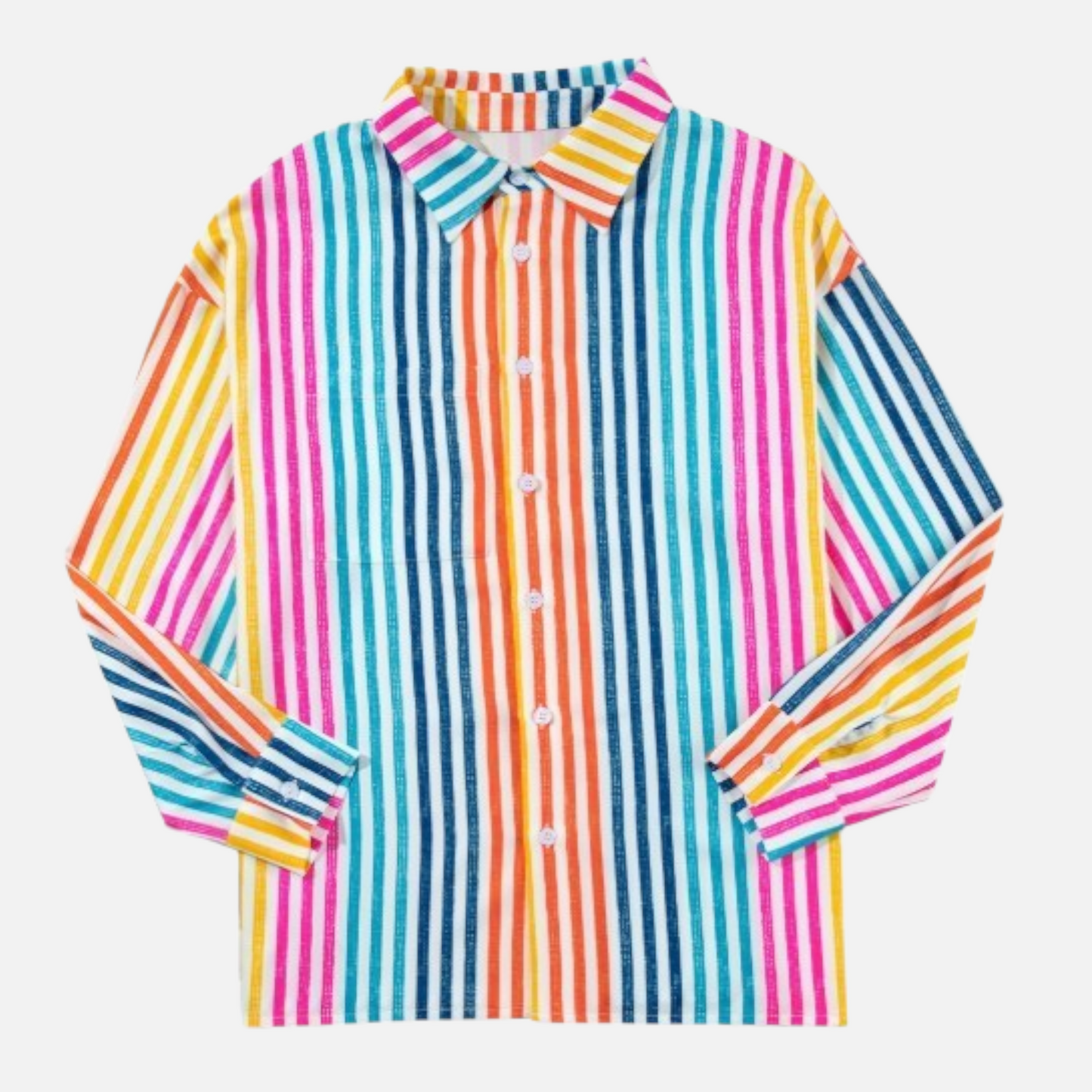 Professional flat lay of a multicolour vertical stripe shirt with a classic collar and white buttons on a clean background.