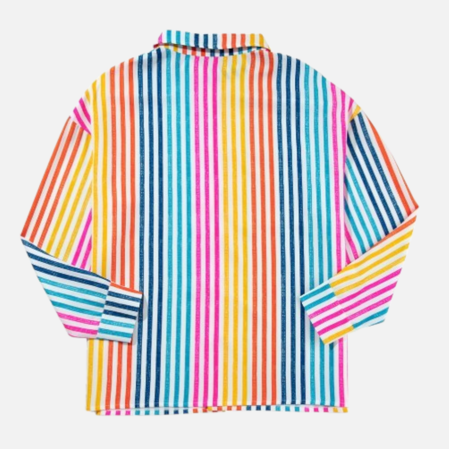 Back view flat lay of the drop shoulder striped shirt, highlighting the lightweight 100% polyester fabric and seamless pattern.