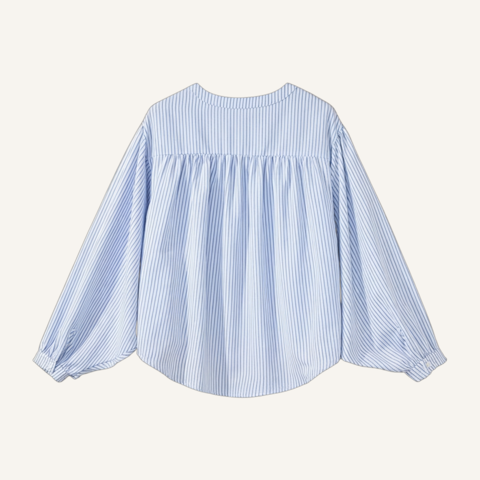 Rear view of a blue and white pinstriped tunic showcasing the relaxed, flowy fit and gathered yoke detail.