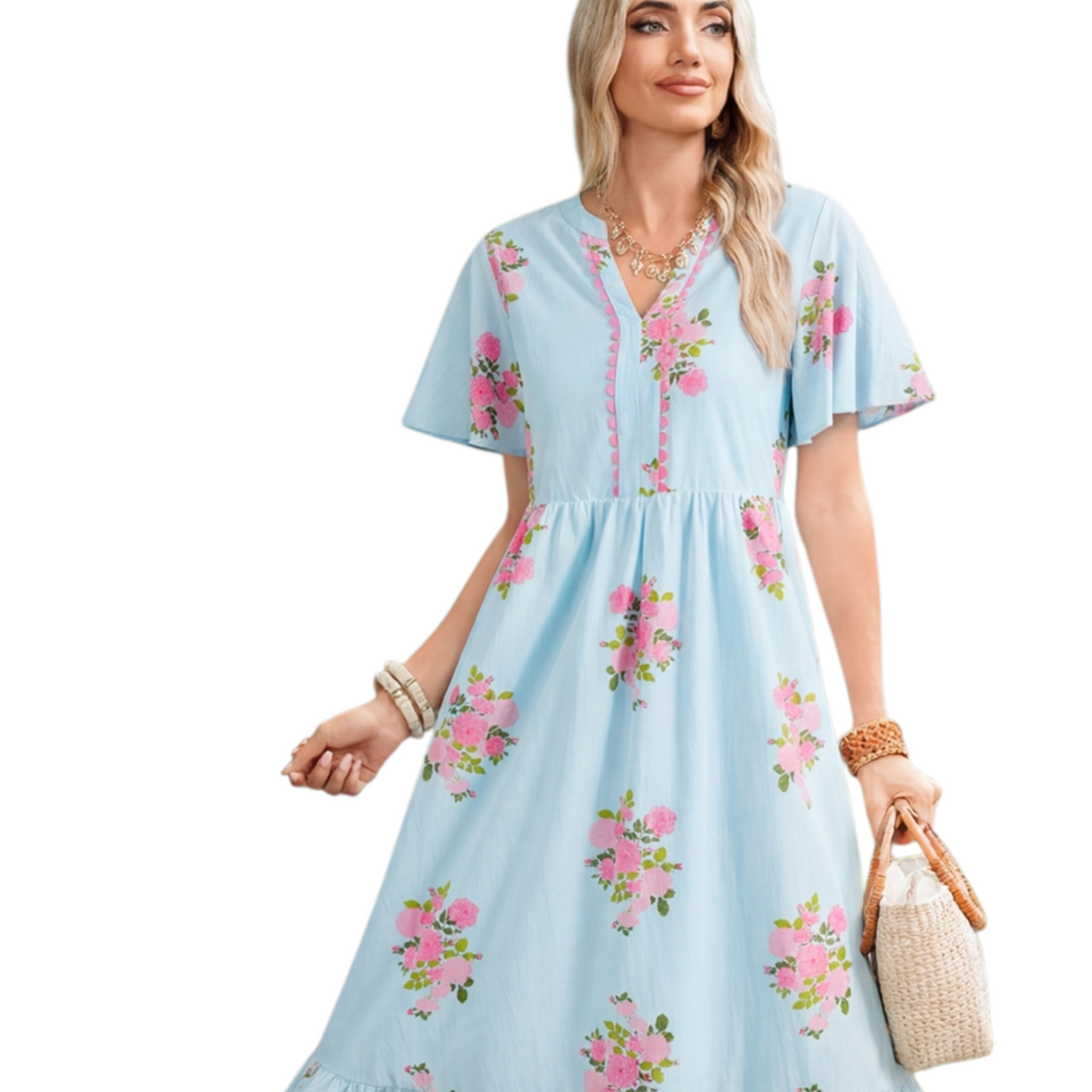 A woman wearing a light blue floral maxi dress with pink rose patterns, featuring flutter short sleeves and a notched neckline. Front closed-up view.