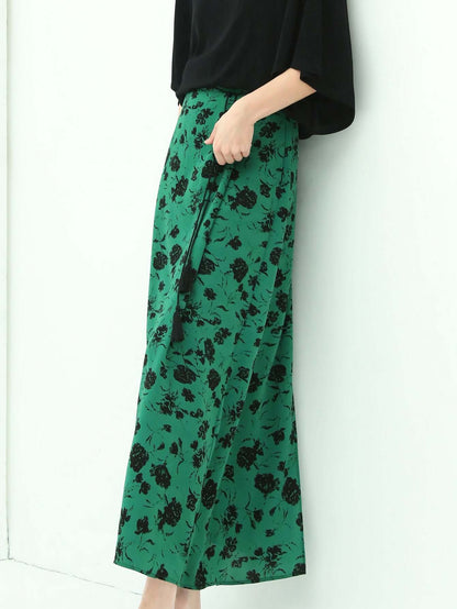 Cocobella Floral Green & Black High-Waist Midi Skirt-0