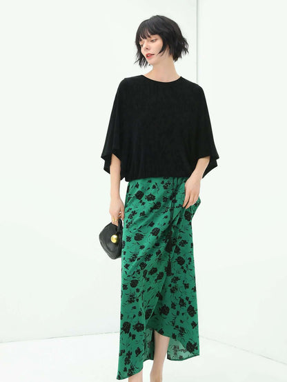 Cocobella Floral Green & Black High-Waist Midi Skirt-1