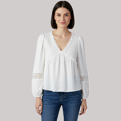 Front view of a white long-sleeve blouse featuring floral guipure lace patchwork, a frilled V-neckline, and elasticated cuffs.