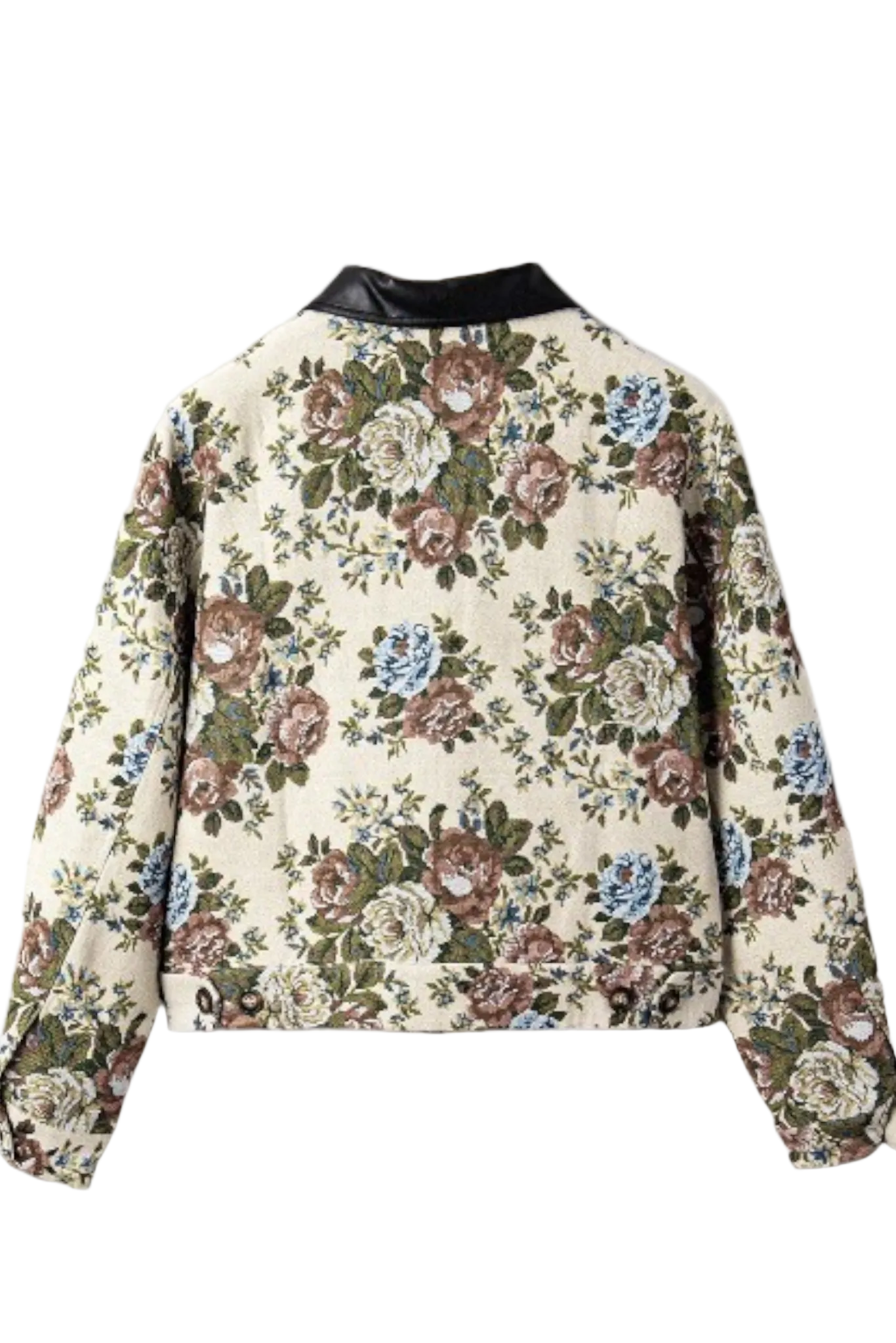 Rear flat lay view of a beige floral jacquard jacket, showing the cropped silhouette and subtle hem detailing.