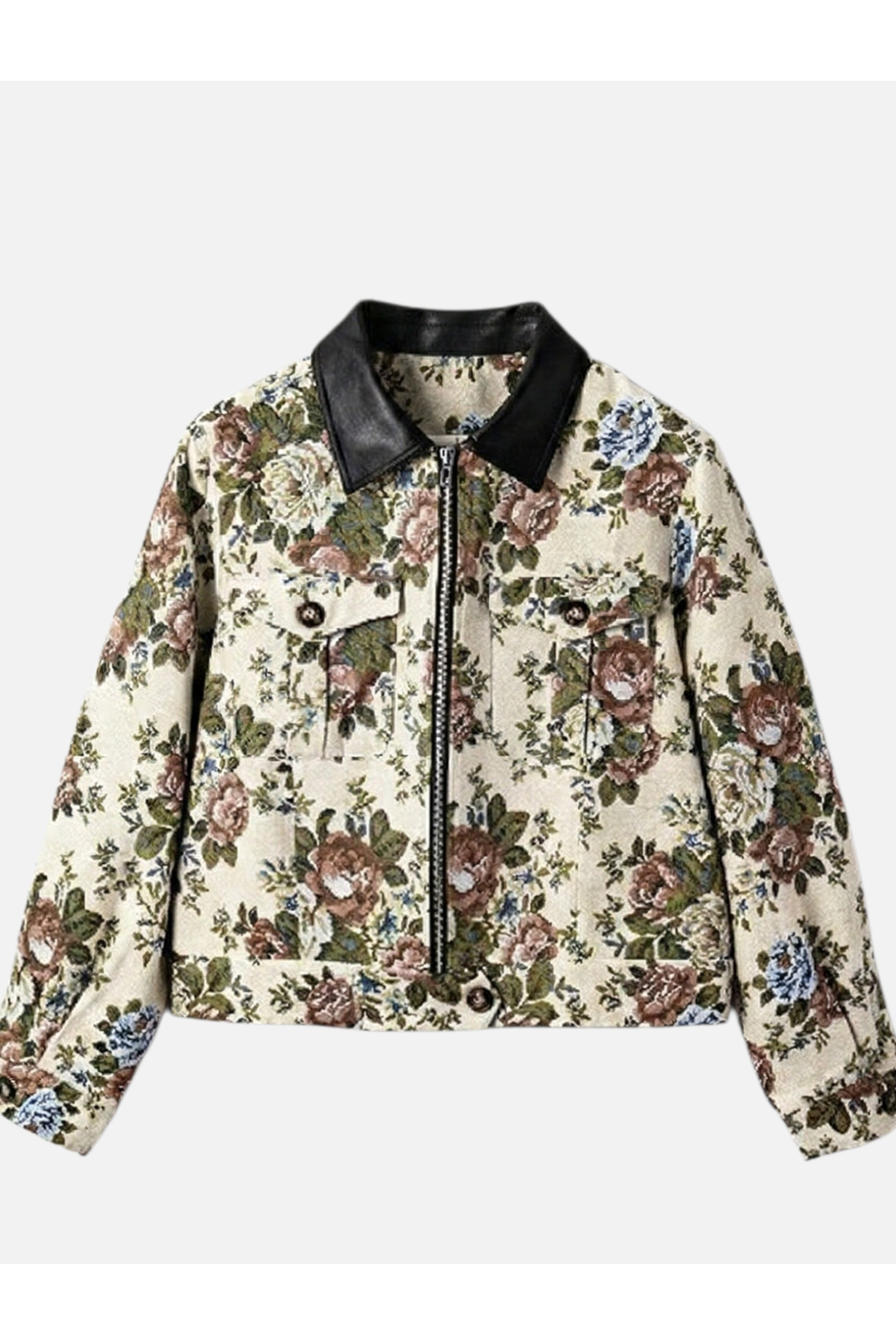 Front flat lay view of a beige floral jacquard jacket featuring a black collar, zip-up front, and two flap chest pockets.