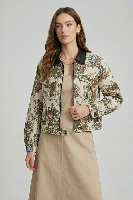 A model wearing a beige floral jacquard cropped jacket with a black collar, styled with a matching dress. 