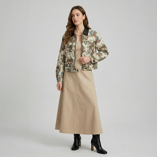 A model wearing a beige floral jacquard cropped jacket with a black collar, styled with a matching dress and black boots.