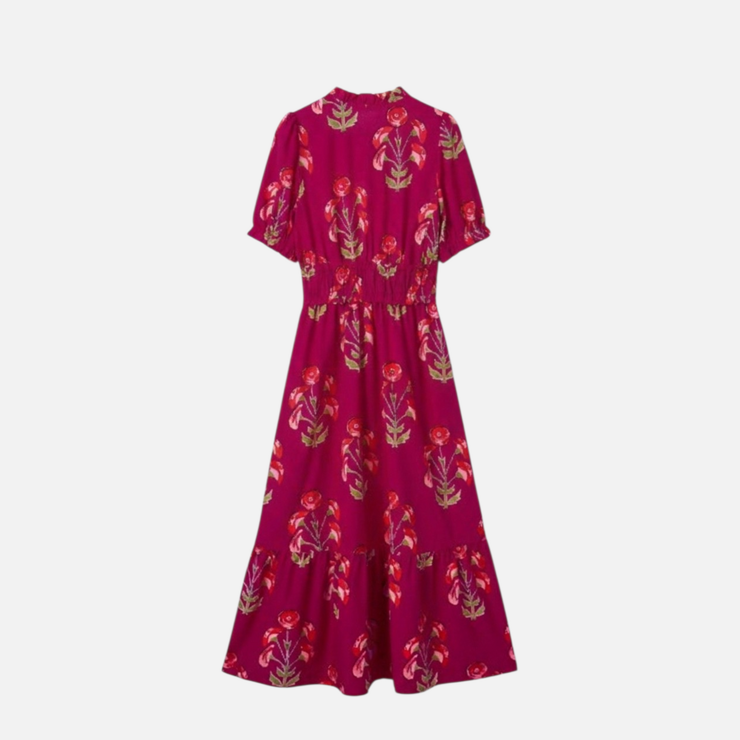 Back view flat lay of a fuchsia floral tiered maxi dress showcasing the cinched waist and flowing skirt.