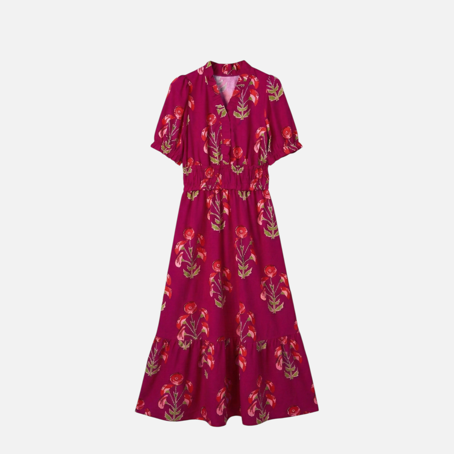 Front view flat lay of a fuchsia maxi dress with red and coral floral print, v-neckline, puff sleeves, and tiered skirt.