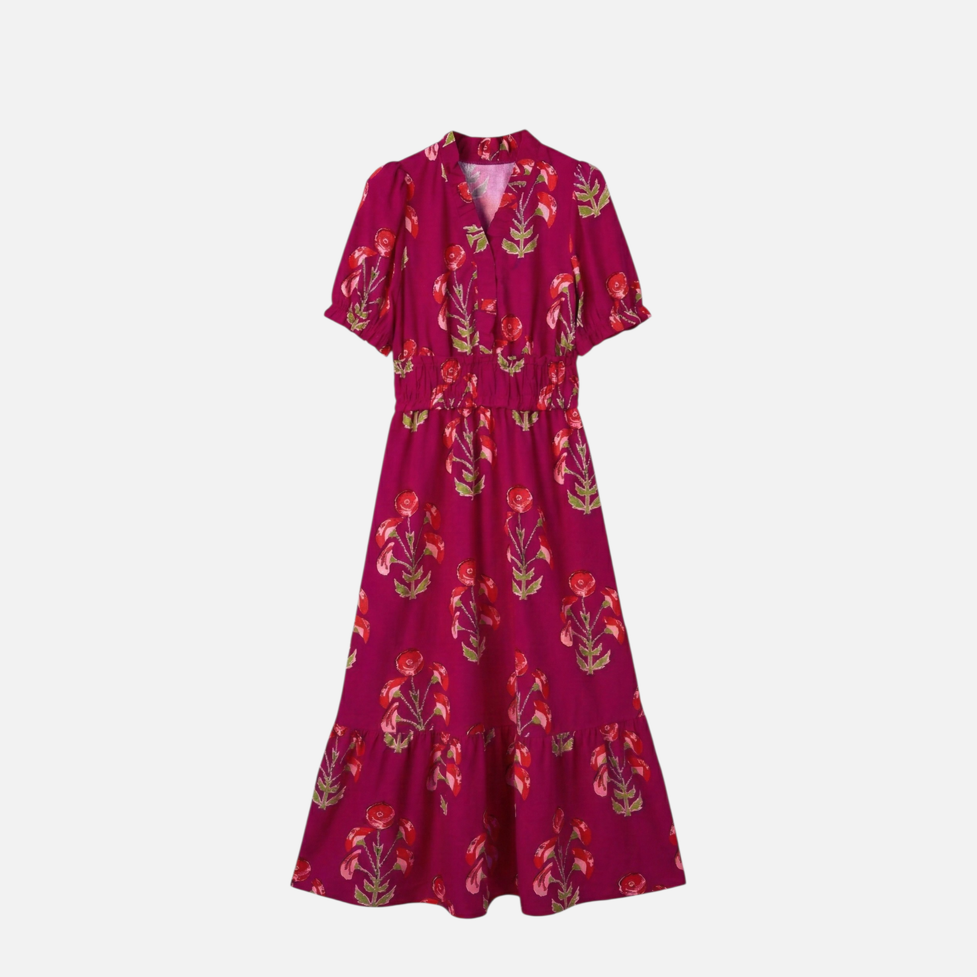 Front view flat lay of a fuchsia maxi dress with red and coral floral print, v-neckline, puff sleeves, and tiered skirt.