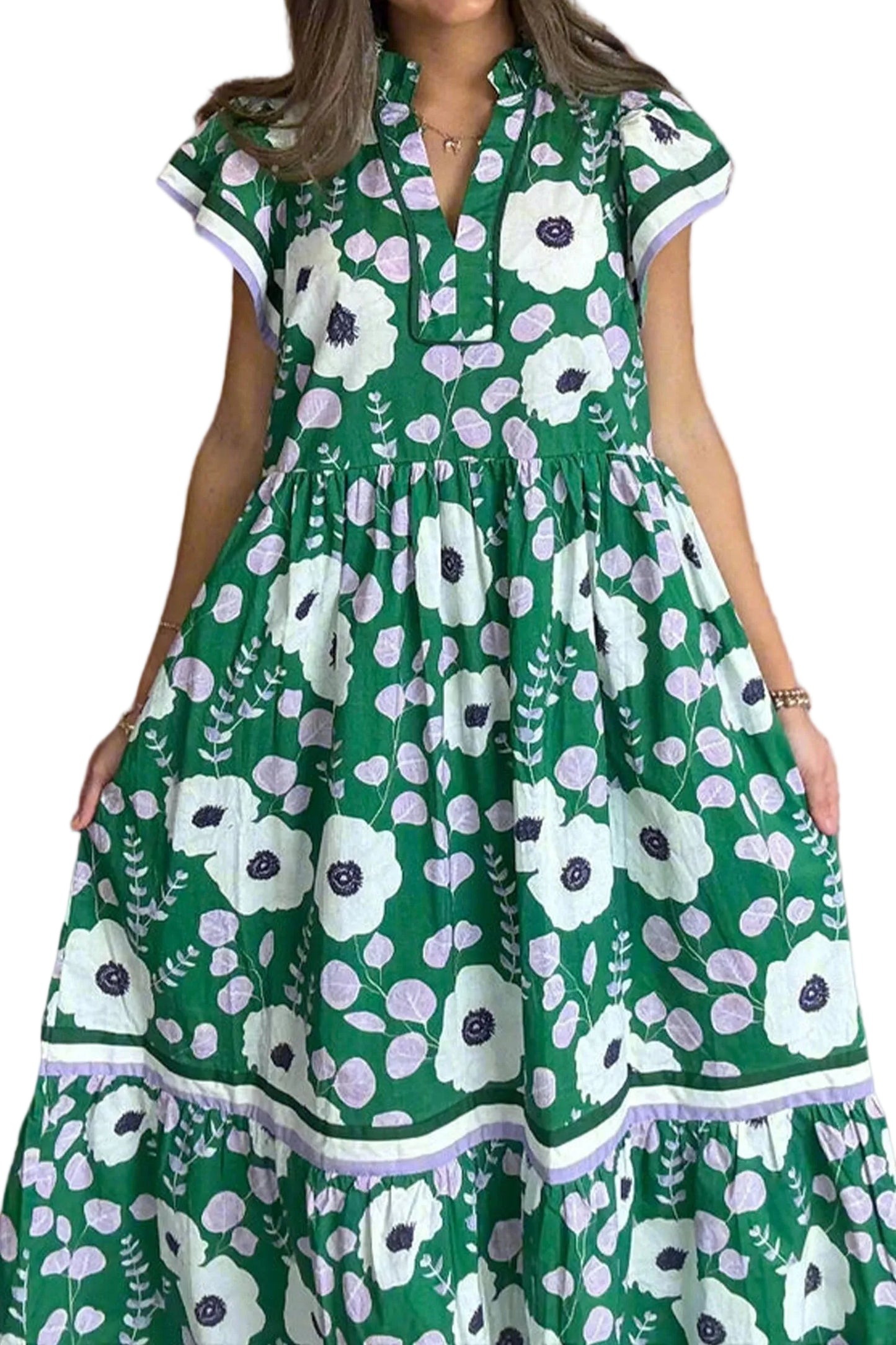 Green floral dress with white flowers on a white background