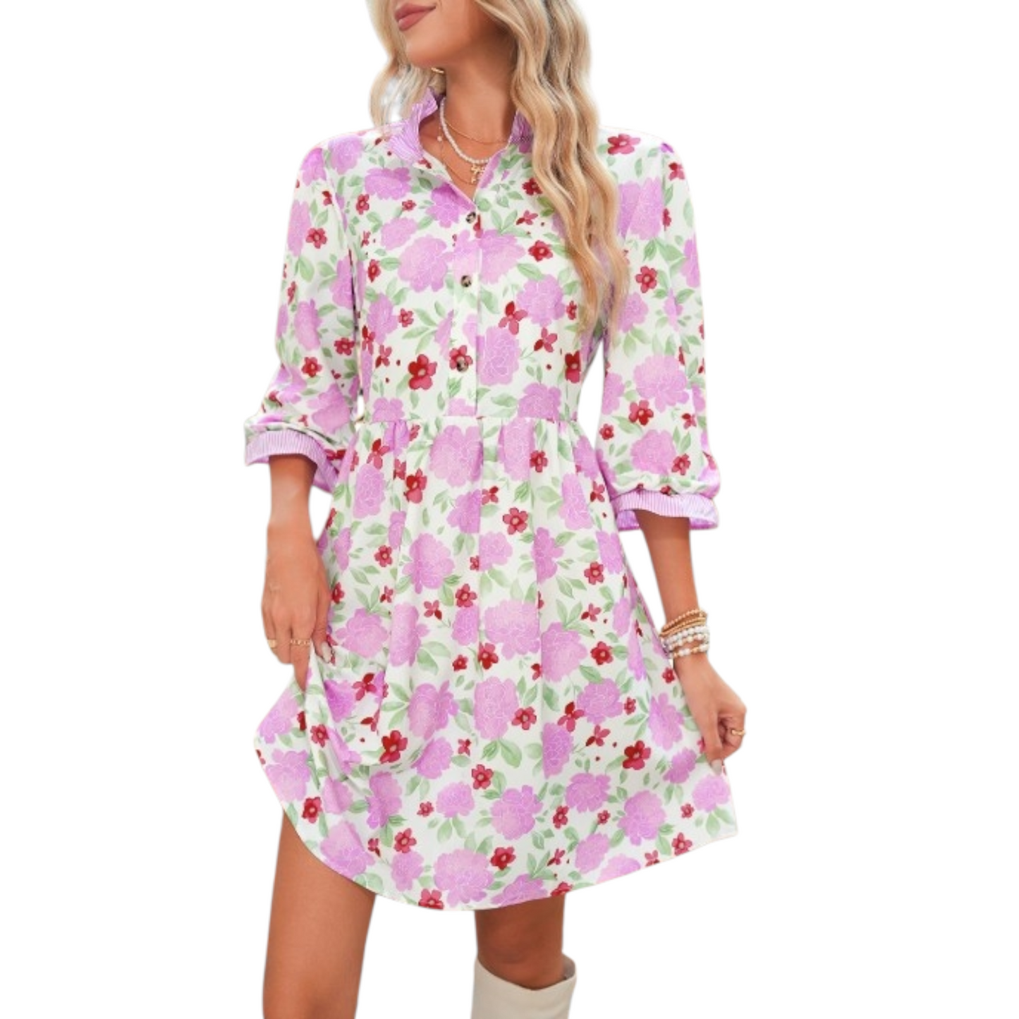 Floral print mini dress with a ruffle neck and pockets.