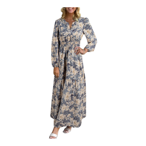 Woman wearing a floral dress on a white background