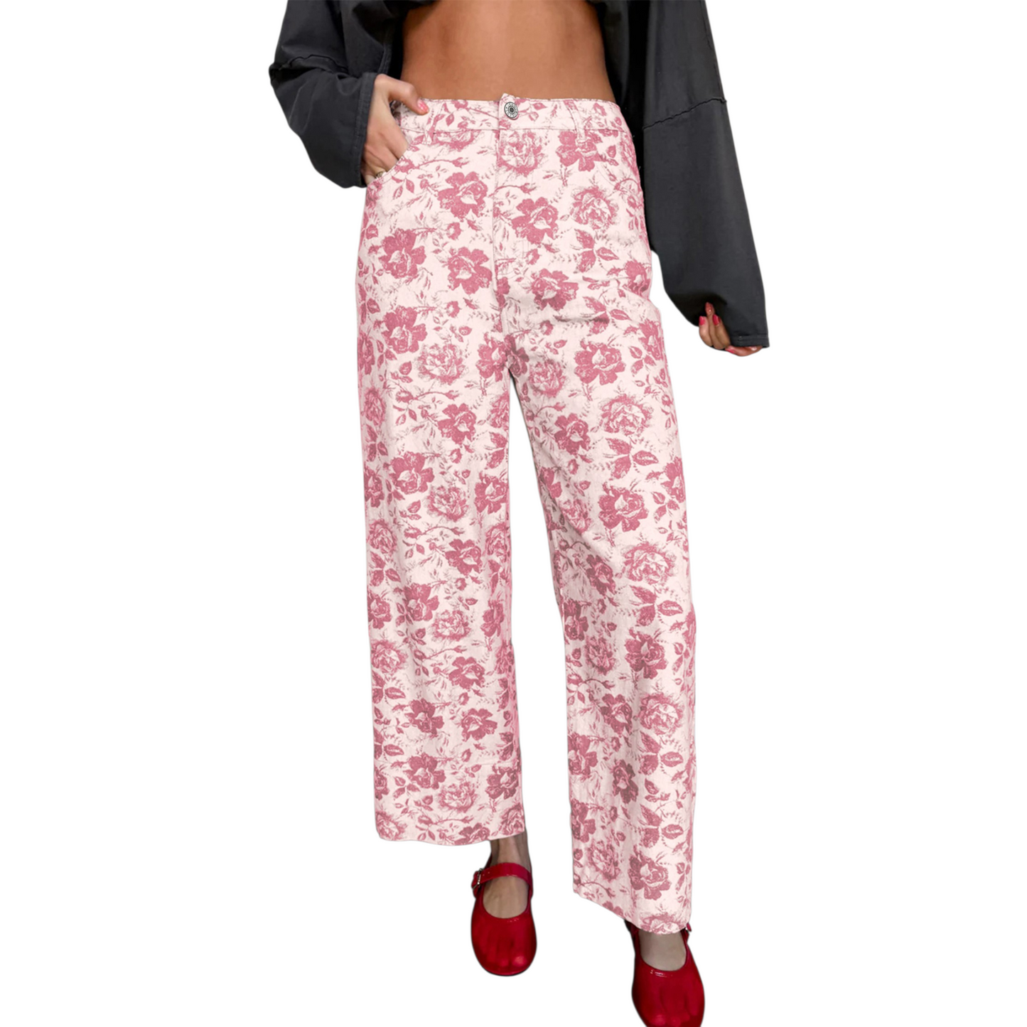 Front view of women’s straight-leg denim jeans featuring a pink and cream vintage floral rose print and an ankle-length hem.