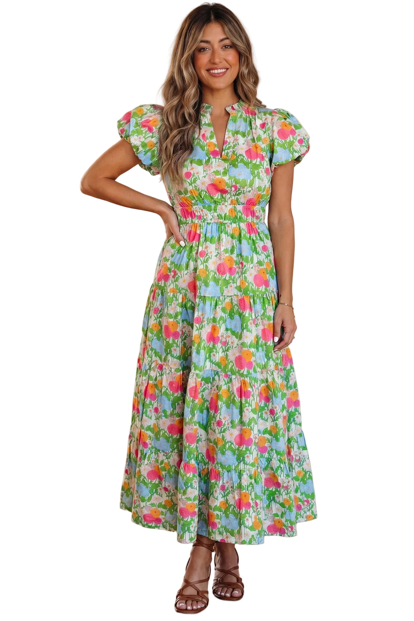 Woman wearing a colorful floral dress on a white background