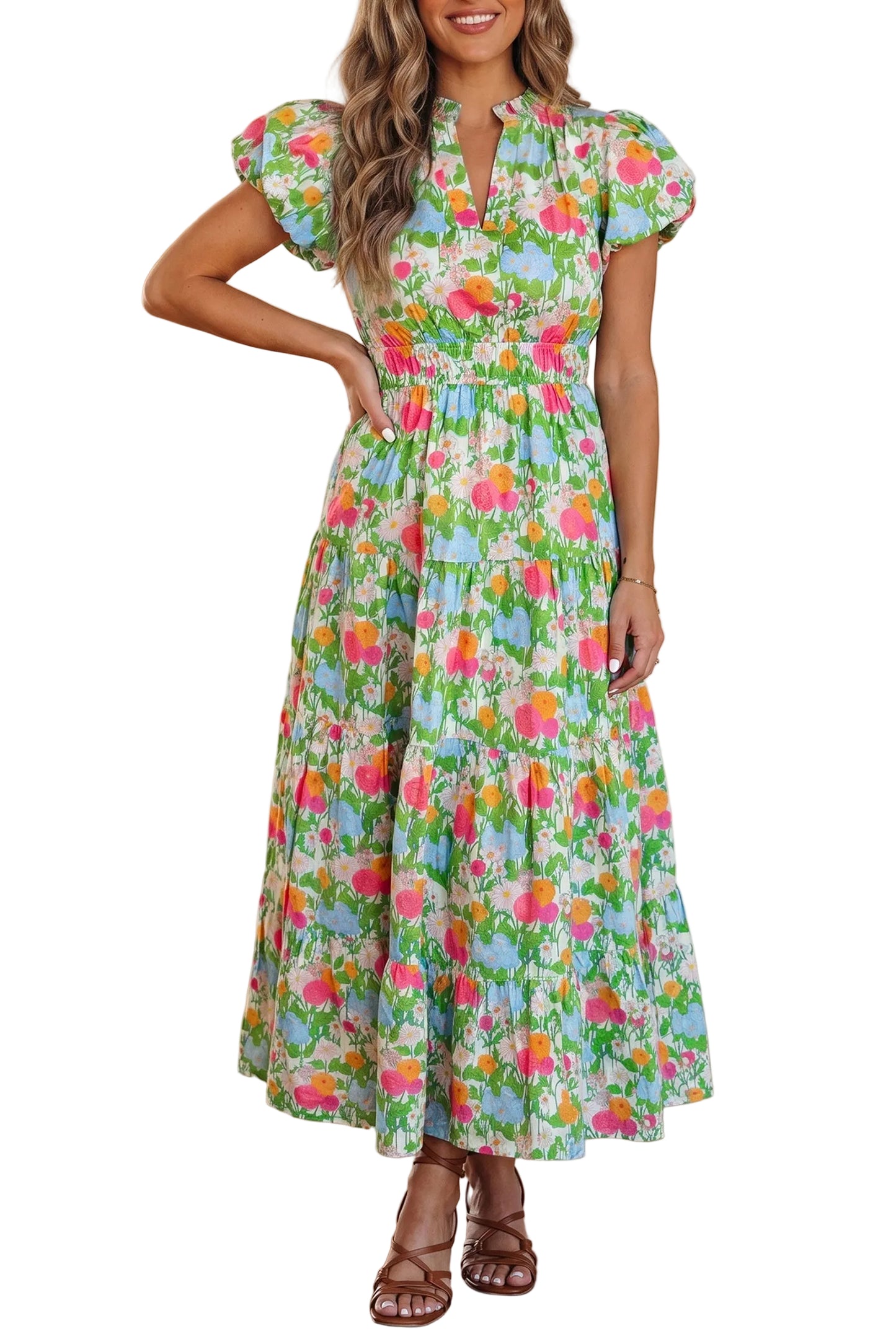 Woman wearing a colorful floral dress on a white background